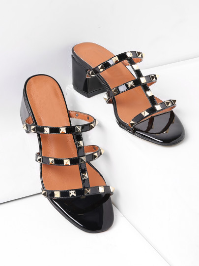 Studded Block Heeled Caged Mules