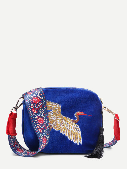 Crane Embroidery Design Crossbody Bag