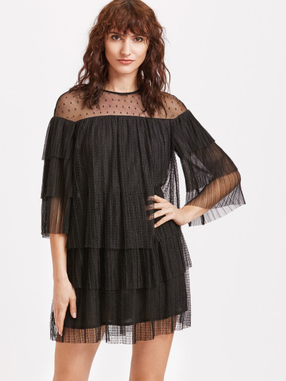 Dobby Mesh Keyhole Back Tiered Dress