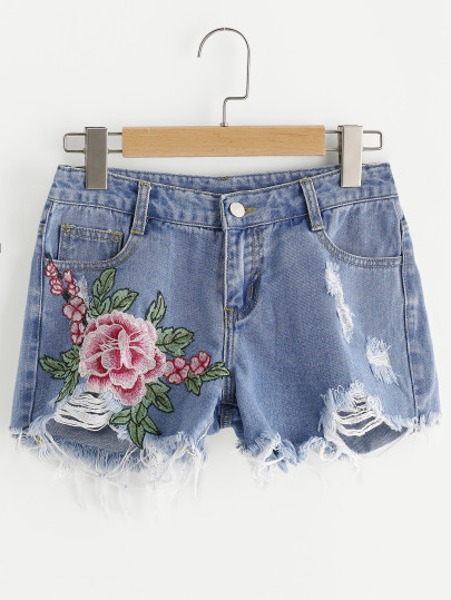 Denim Shorts mit Blumenstickereien
