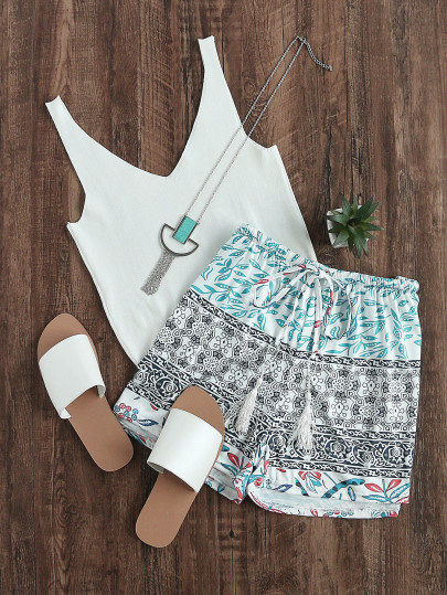 Aztec Print Tunnelzug Taille Shorts