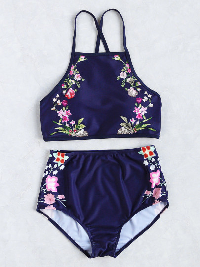 Calico Print High Waist Tankini Set