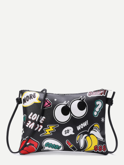 Eye and Letter Print Sac à main à fermeture à glissière