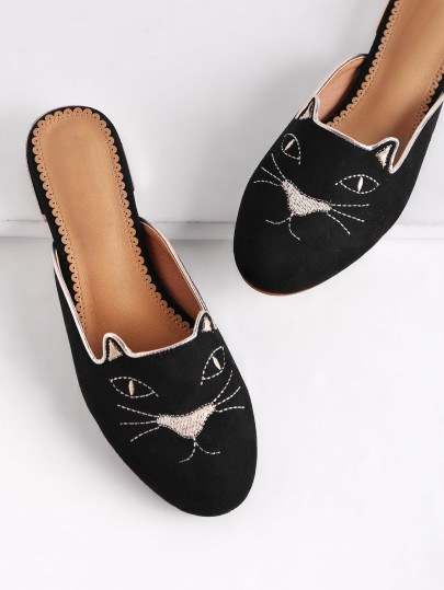 Cat Embroidery Flat Slippers