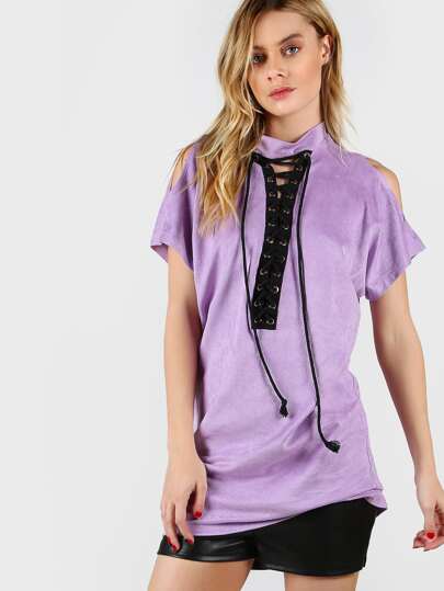 Purple High Neck Open Shoulder Lace Up Front Tee Dress
