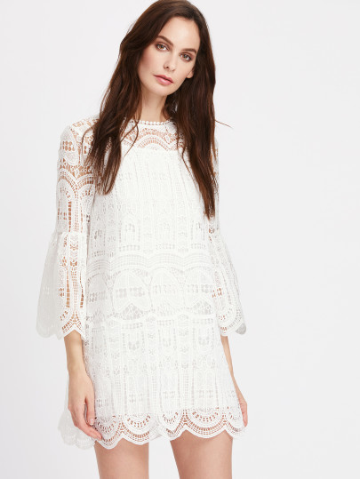 Bell Sleeve Scallop Edge Geo Crochet Dress