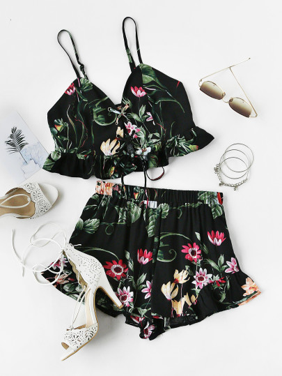 Top corto con laccetti con stampa botanica,con pantaloncini