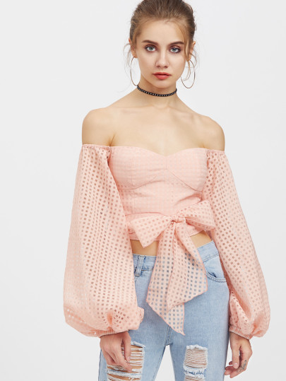 Bishop Sleeve Self Belt Square Cutout Bustier Top