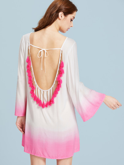 Vestido de ombré con espalda abierta con ribete de cordón y borlas