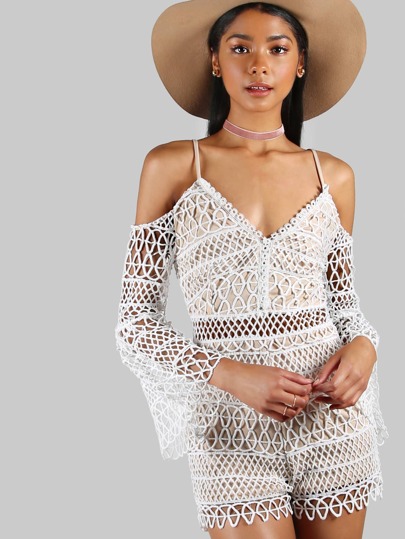 Cold Shoulder Fluted Sleeve Crochet Overlay Playsuit