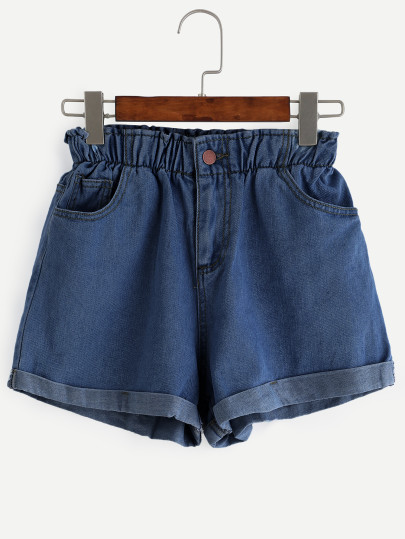 Shorts cintura elástica en denim ribete vuelto - azul