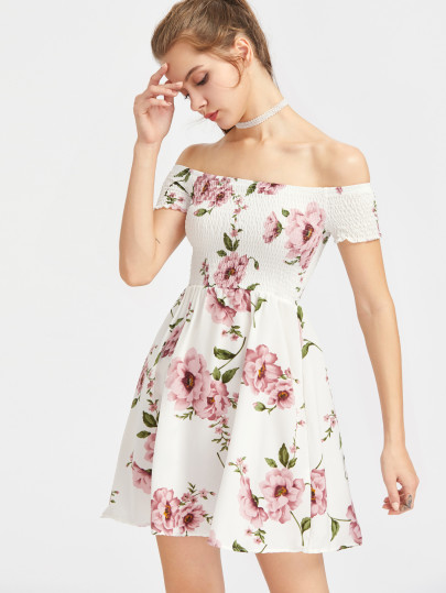 Daisy Print Kleid nackte Schultern Meadows