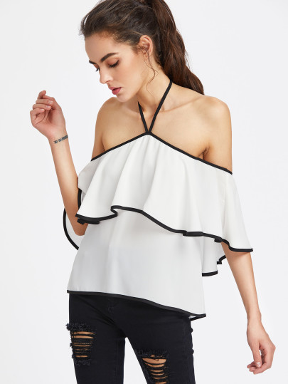 Contrast Binding Flounce Halter Bardot Top
