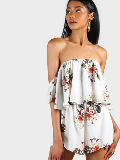 Off Shoulder Ruffle Print Romper IVORY