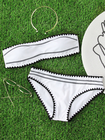 Contrast Trim Bandeau Bikini Set