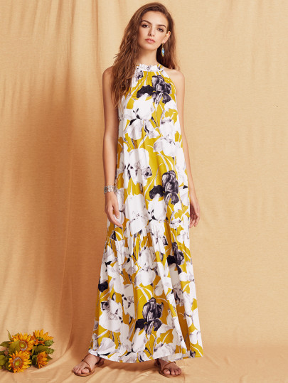 Vestido floral sin manga maxi - multicolor