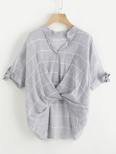 Window Pane Plaid Tie Sleeve Drape Front Blouse