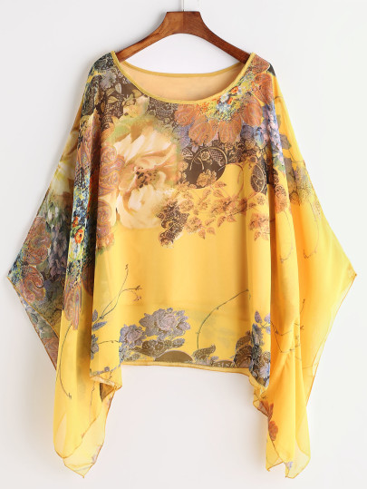 Kimono Sleeve Florals Chiffon Blouse