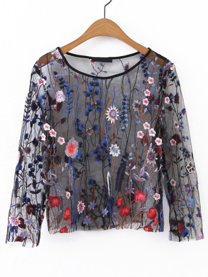 Embroidery Sheer Mesh Top