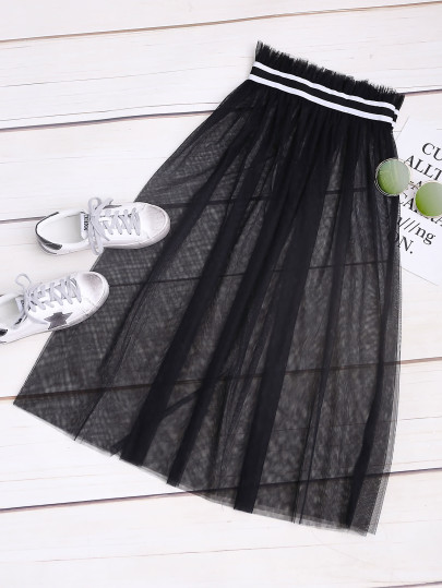 Contrast Tape Frill Waist Mesh Skirt