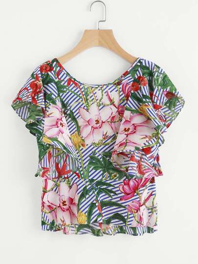 Florals Flounce Trim Dip Hem Blouse