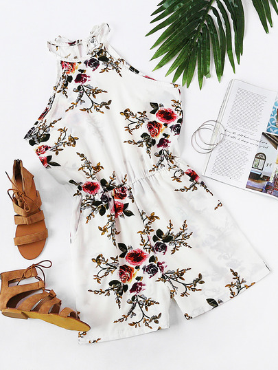 Floral Print Random Split Back Halter Romper