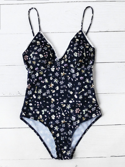 Daisy Print Plunge Neck One Piece Swimsuit