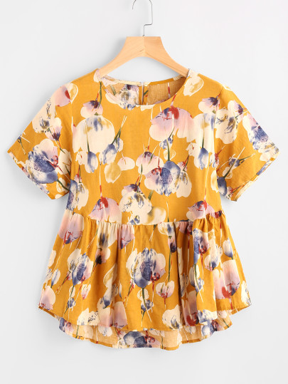 Blouse imprimée fleuri trapèze avec un trou