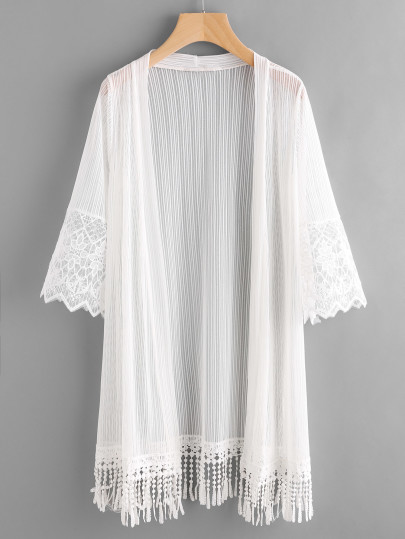 Embroidered Mesh Panel Fringe Hem Kimono