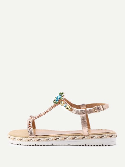 Rhinestone Flower T Strap Sandals