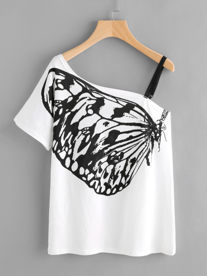 Camiseta de un hombro con estampado de mariposa con detalle de triante