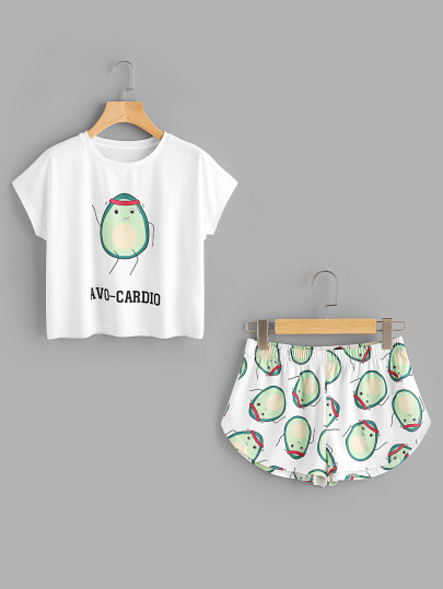 Cartoon Avocado Print Tee And Shorts Set