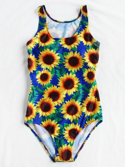 Sunflower Print Scoop Neck Swimsuit