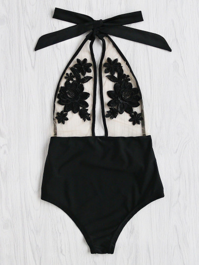 Costume da bagno allacciato al collo con ricamo di fiore