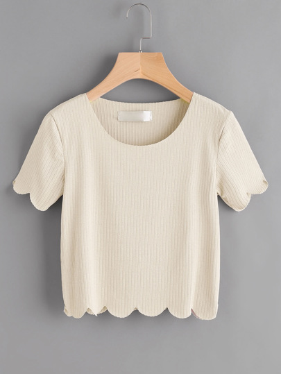 Camiseta corta de canalé con ribete festoneado