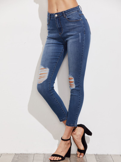 Jeans mince lacéré rincé
