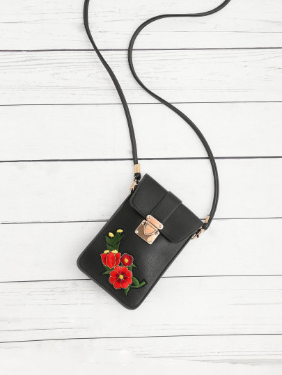 Flower Embroidery PU Pouch Bag