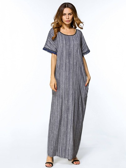 Striped Contrast Trim Fringe Sleeve Maxi Dress