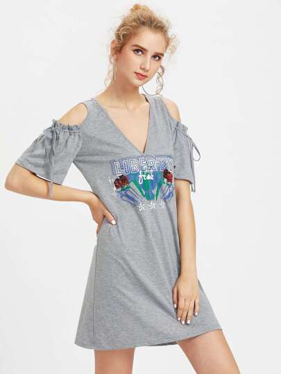 Open Shoulder Drawstring Sleeve Heathered Tee Dress