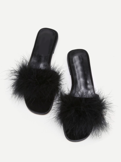 Faux Fur Decorated Slide Flat Sandals