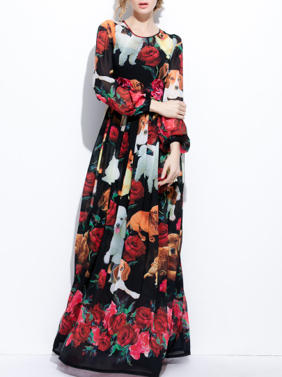 Vestito lungo con stampa di cane e rosa