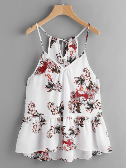 Camisole péplum imprimée des fleurs avec un lacet et un trou
