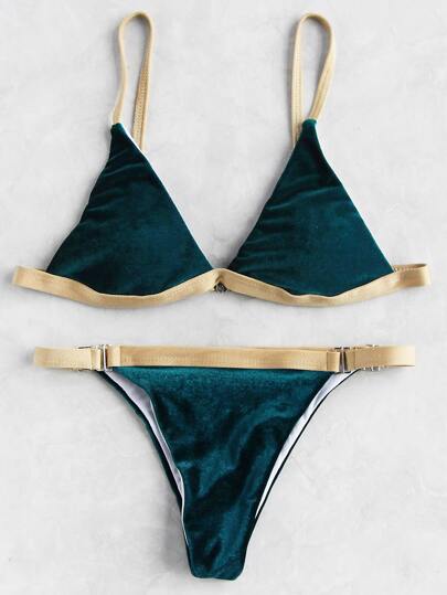 Contrast Trim Velvet Triangle Bikini Set