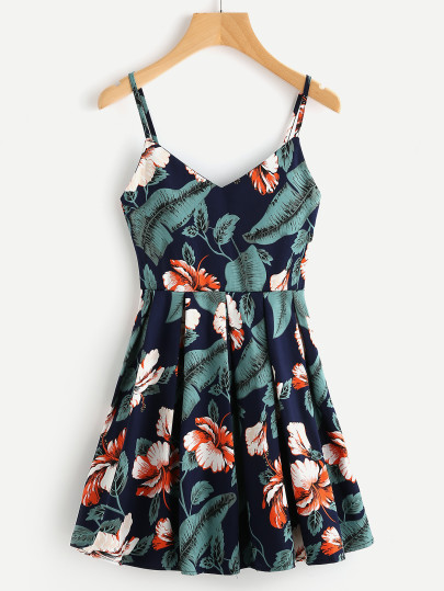 Vestido de tirante con estampado de flor y hoja al azar