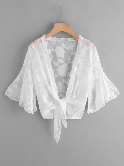 Kimono playero fino de malla de manga campanuda