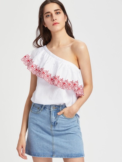 Embroidered Trim Scallop Hem One Shoulder Top