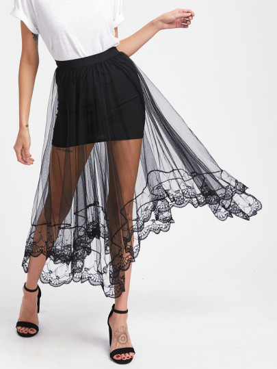 Hanky Hem Sheer Mesh Overlay Skirt