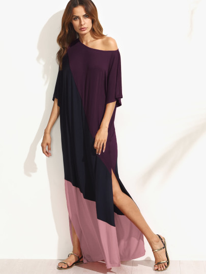 Asymmetric Shoulder Side Slit Cut And Sew Tee Dress