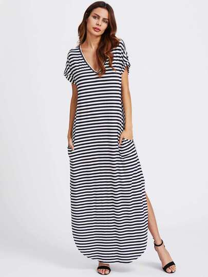 T-shirt vestito lungo a strisce con scollo a v