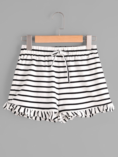 Drawstring Waist Frill Hem Striped Jersey Shorts